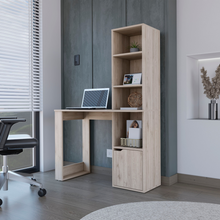 Load image into Gallery viewer, Computer Desk with Single Door Cabinet and 4-Tier Shelf Bicknell, Light Gray Finish
