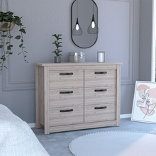 Load image into Gallery viewer, dresser, light gray dresser, grey dresser, gray dresser, bedroom furniture, nice looking affordable furniture, light tan dresser, tan dresser, dresser with 6 drawers, 6 drawer dresser, classy dresser, bedroom dresser, light colored dresser
