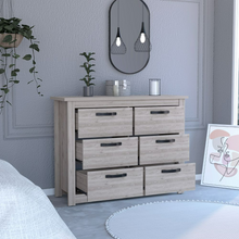 Load image into Gallery viewer, dresser, light gray dresser, grey dresser, gray dresser, bedroom furniture, nice looking affordable furniture, light tan dresser, tan dresser, dresser with 6 drawers, 6 drawer dresser, classy dresser, bedroom dresser, light colored dresser
