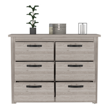 Load image into Gallery viewer, dresser, light gray dresser, grey dresser, gray dresser, bedroom furniture, nice looking affordable furniture, light tan dresser, tan dresser, dresser with 6 drawers, 6 drawer dresser, classy dresser, bedroom dresser, light colored dresser
