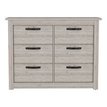 Load image into Gallery viewer, dresser, light gray dresser, grey dresser, gray dresser, bedroom furniture, nice looking affordable furniture, light tan dresser, tan dresser, dresser with 6 drawers, 6 drawer dresser, classy dresser, bedroom dresser, light colored dresser
