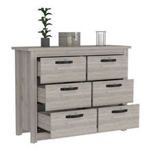 Load image into Gallery viewer, dresser, light gray dresser, grey dresser, gray dresser, bedroom furniture, nice looking affordable furniture, light tan dresser, tan dresser, dresser with 6 drawers, 6 drawer dresser, classy dresser, bedroom dresser, light colored dresser
