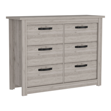 Load image into Gallery viewer, dresser, light gray dresser, grey dresser, gray dresser, bedroom furniture, nice looking affordable furniture, light tan dresser, tan dresser, dresser with 6 drawers, 6 drawer dresser, classy dresser, bedroom dresser, light colored dresser
