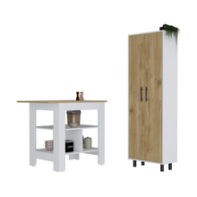 Load image into Gallery viewer, Bowie 2 Piece Kitchen Set, Kitchen Island + Pantry Cabinet, White / Light Oak Finish
