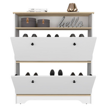 Load image into Gallery viewer, Shoe Rack Dublin, One Open Shelf, Two Extendable Cabinets, Light Oak / White Finish
