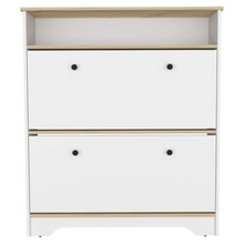 Load image into Gallery viewer, Shoe Rack Dublin, One Open Shelf, Two Extendable Cabinets, Light Oak / White Finish
