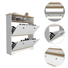 Load image into Gallery viewer, Shoe Rack Dublin, One Open Shelf, Two Extendable Cabinets, Light Oak / White Finish
