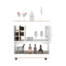 Load image into Gallery viewer, Bar Cart Aloha, Lower Panel, Six Bottle Cubbies, One Cabinet, Light Oak / White Finish
