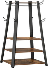 Load image into Gallery viewer, ALINRU Coat Rack with 3 Shelves, Stand with Hooks for Scarves, Bags and Umbrellas, Steel Frame, Industrial Style, Rustic Brown and Black ULCR80X
