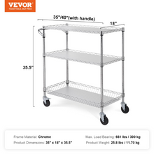 Load image into Gallery viewer, VEVOR 3-Tier Utility Cart Rolling Cart on Wheels 35&quot;x18&quot;x35.5&quot; 661 LBS 6 Hooks
