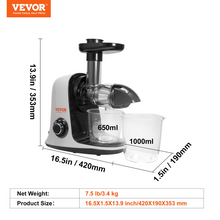 Load image into Gallery viewer, VEVOR Slow Masticating Juicer, Cold Press Juicer Machine with Reverse Function, Quiet Motor Slow Juicer, Juice Extractor Maker Easy to Clean with Brush, for High Nutrient Fruits Vegetables
