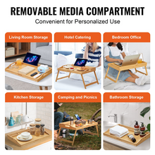 Load image into Gallery viewer, VEVOR Bed Tray Table with Foldable Legs &amp; Media Slot, Bamboo Breakfast Tray for Sofa, Bed, Eating, Snacking, and Working, Serving Laptop Desk Tray TV Tray, Portable Food Snack Platter, 21.6&quot; x 13.8&quot;
