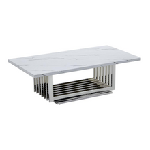 Load image into Gallery viewer, White marble top coffee table with a silver color stainless steel base
