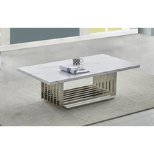 Load image into Gallery viewer, White marble top coffee table with a silver color stainless steel base
