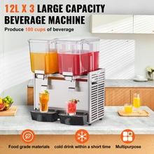 Load image into Gallery viewer, VEVOR Commercial Beverage Dispenser, 13.6 Qt 12L 3 Tanks Ice Tea Drink Machine, 620W 304 Stainless Steel Juice Dispenser with 41℉-53.6℉ Thermostat Controller, for Cold Drink Restaurant Hotel Party
