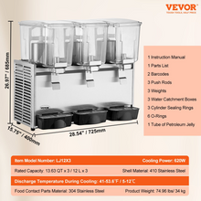 Load image into Gallery viewer, VEVOR Commercial Beverage Dispenser, 13.6 Qt 12L 3 Tanks Ice Tea Drink Machine, 620W 304 Stainless Steel Juice Dispenser with 41℉-53.6℉ Thermostat Controller, for Cold Drink Restaurant Hotel Party
