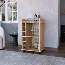 Load image into Gallery viewer, Bar Cart Baltimore, Two Tier Cabinet With Glass Door, Six Wine Cubbies, Light Oak Finish
