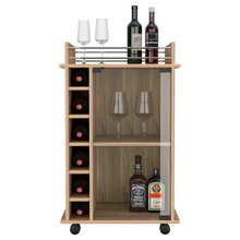 Load image into Gallery viewer, Bar Cart Baltimore, Two Tier Cabinet With Glass Door, Six Wine Cubbies, Light Oak Finish
