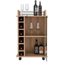 Load image into Gallery viewer, Bar Cart Baltimore, Two Tier Cabinet With Glass Door, Six Wine Cubbies, Light Oak Finish
