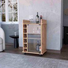 Load image into Gallery viewer, Bar Cart Baltimore, Two Tier Cabinet With Glass Door, Six Wine Cubbies, Light Oak Finish
