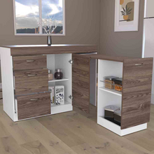 Load image into Gallery viewer, Kitchen Island Cabinet Metask,Three Drawers, White / Dark Walnut Finish
