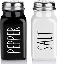 Load image into Gallery viewer, Salt and Pepper Shakers Set, Cute Glass Spice Shaker with Stainless Steel Lid, Black and White Farmhouse Kitchen Table Decor and Accessories for Counter, for Kitchen Wedding Gifts, 2.7Oz Each
