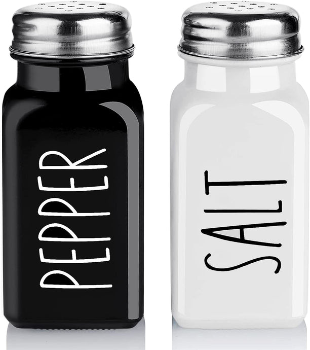 Salt and Pepper Shakers Set, Cute Glass Spice Shaker with Stainless Steel Lid, Black and White Farmhouse Kitchen Table Decor and Accessories for Counter, for Kitchen Wedding Gifts, 2.7Oz Each