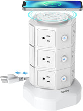 Load image into Gallery viewer, Power Strip Tower,  Surge Protector Tower with 15W Magnetic Wireless Charger, 1050J, 13A Charging Station with 12 AC Outlets &amp; 6 USB Ports, 6.5Ft Extension Cord for Home Office, White
