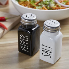 Load image into Gallery viewer, Salt and Pepper Shakers Set, Cute Glass Spice Shaker with Stainless Steel Lid, Black and White Farmhouse Kitchen Table Decor and Accessories for Counter, for Kitchen Wedding Gifts, 2.7Oz Each
